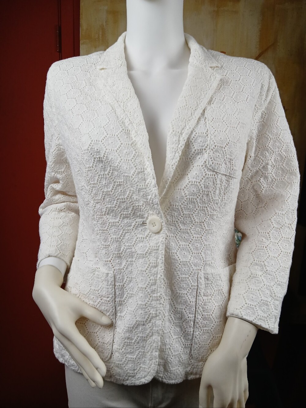 Jones New York Cream Eyelet Cotton One Button Blazer Jacket 8P